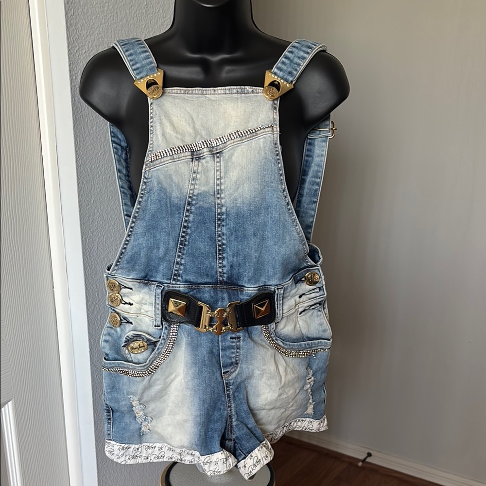 RHero Brazilian Denim Overalls with Rhinestones Gold Accents